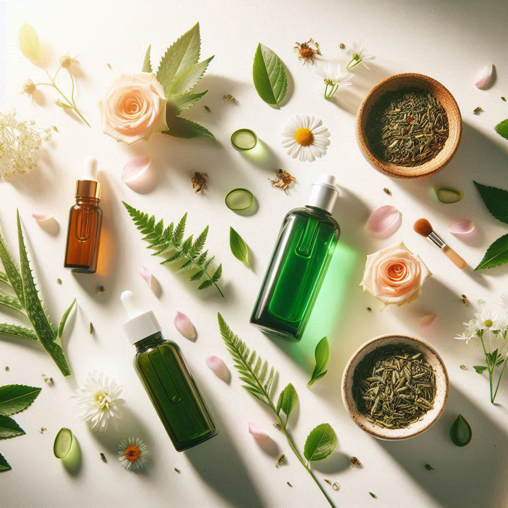 Organic skincare ingredients such as aloe, chamomile, and green tea displayed in a clean, natural wellness setting.
