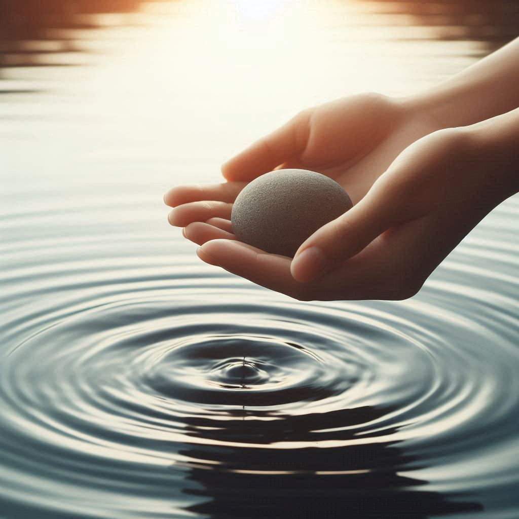 Hands releasing a stone into water – symbolizing letting go of resentment.